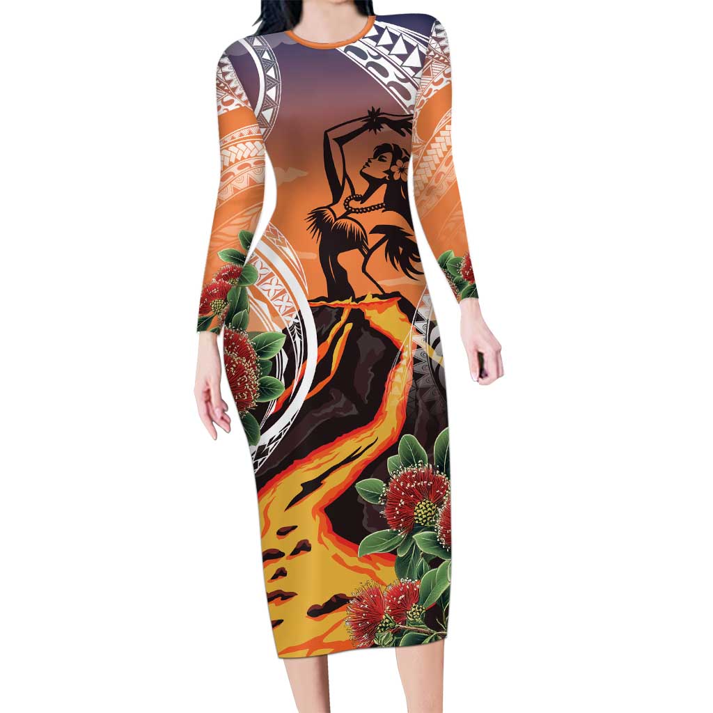Hawaii Women's Day Tribal Long Sleeve Bodycon Dress Pele Honua Mea LT7 Long Dress Art - Polynesian Pride