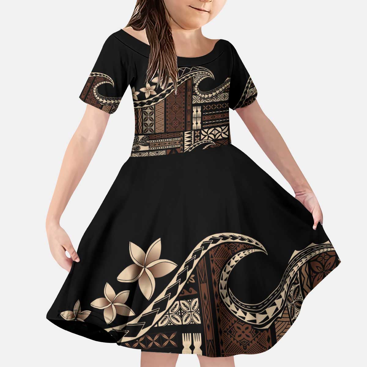 Samoa Siapo Mamanu Kid Short Sleeve Dress Waves Motifs LT7 KID Black - Polynesian Pride