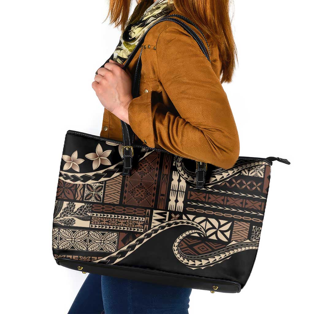 Samoa Siapo Mamanu Leather Tote Bag Waves Motifs LT7 Black - Polynesian Pride