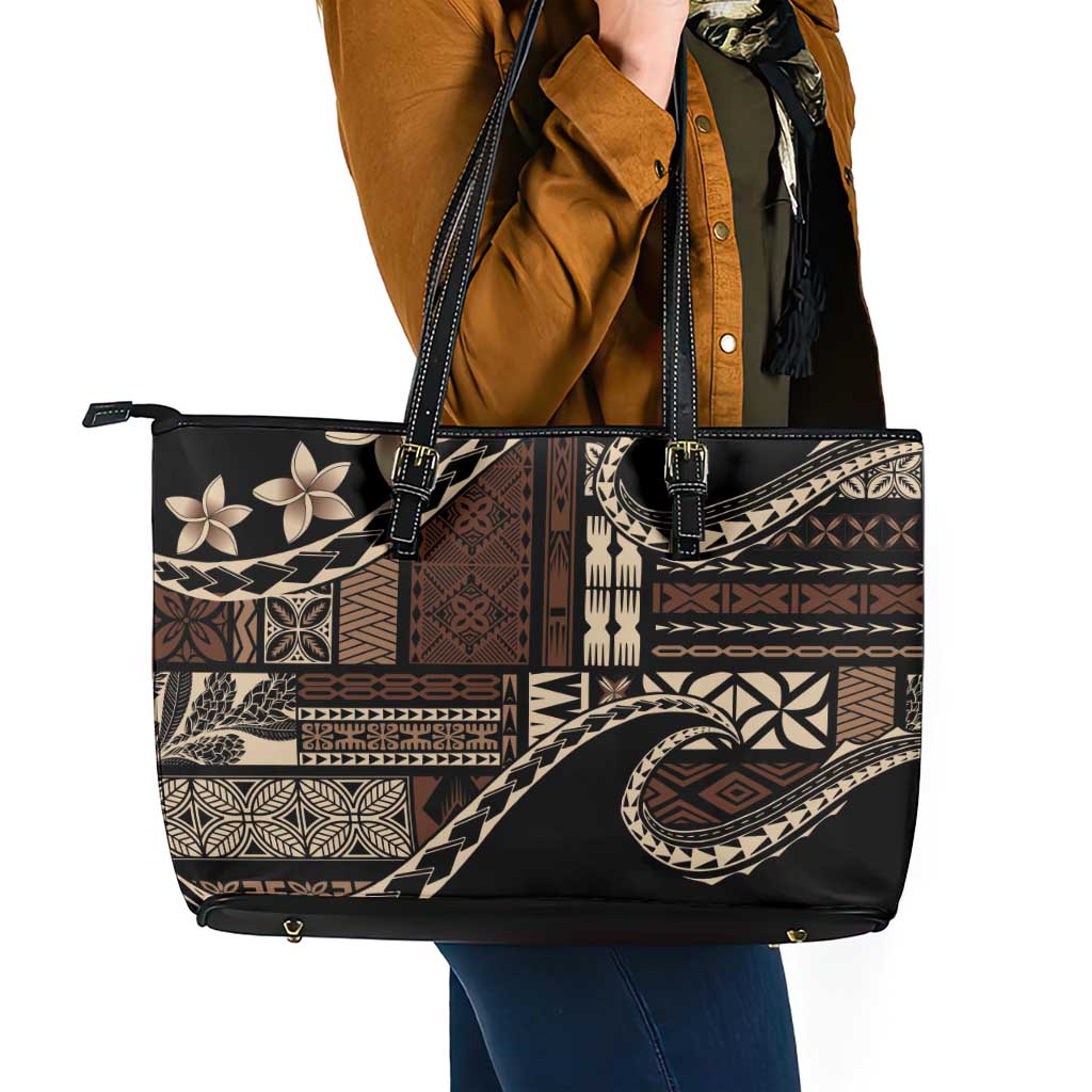 Samoa Siapo Mamanu Leather Tote Bag Waves Motifs LT7 - Polynesian Pride