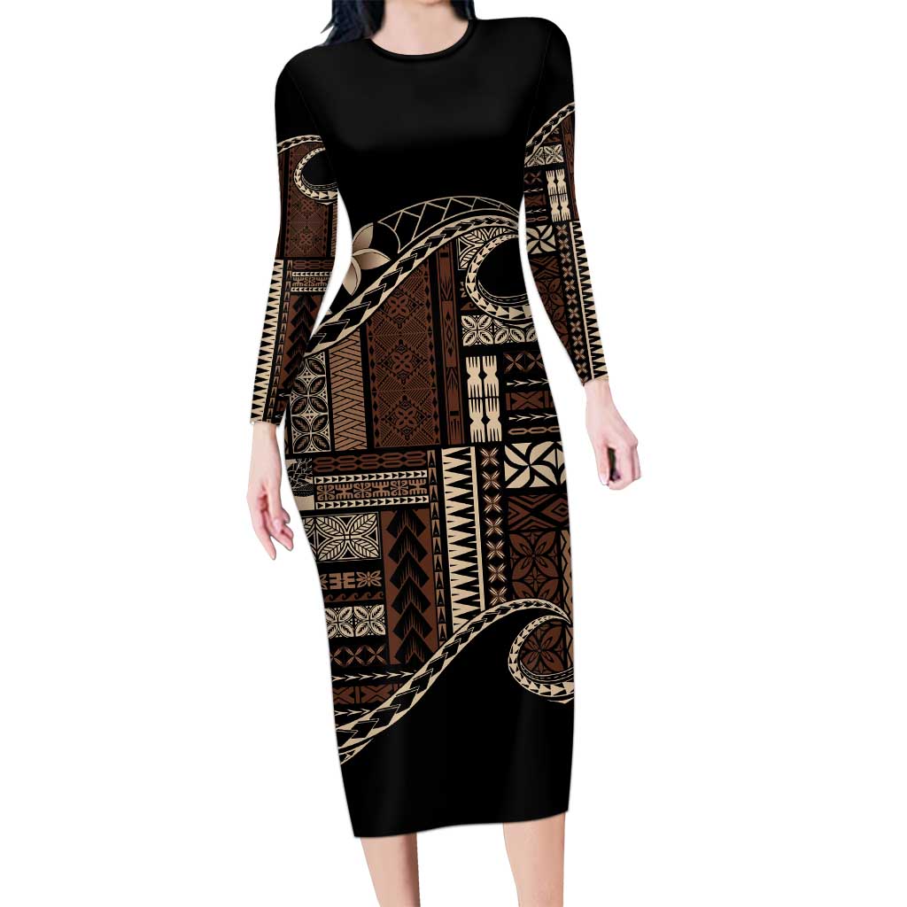Samoa Siapo Mamanu Long Sleeve Bodycon Dress Waves Motifs LT7 Long Dress Black - Polynesian Pride