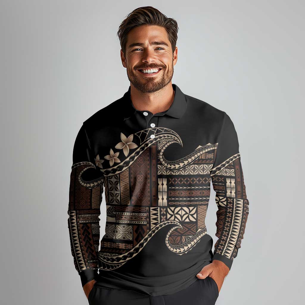 Samoa Siapo Mamanu Long Sleeve Polo Shirt Waves Motifs LT7 - Polynesian Pride