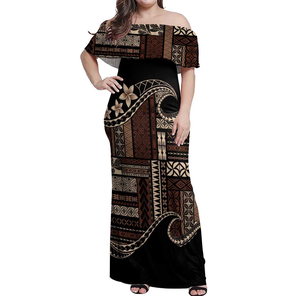 Samoa Siapo Mamanu Off Shoulder Maxi Dress Waves Motifs LT7 Women Black - Polynesian Pride