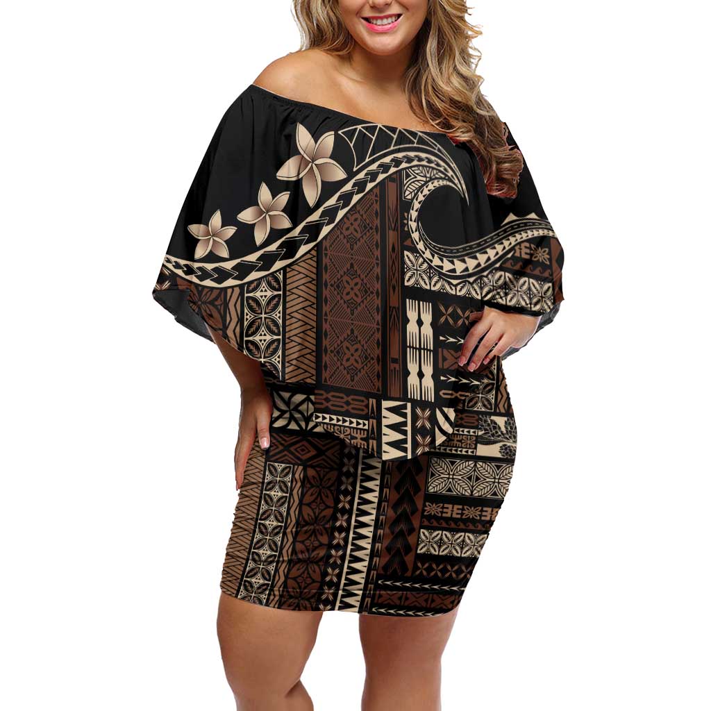 Samoa Siapo Mamanu Off Shoulder Short Dress Waves Motifs LT7 Women Black - Polynesian Pride