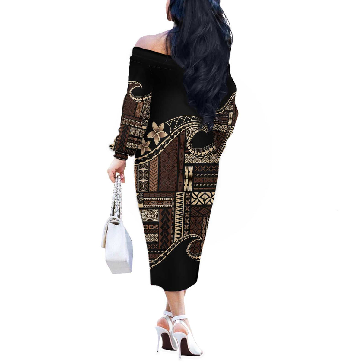 Samoa Siapo Mamanu Off The Shoulder Long Sleeve Dress Waves Motifs LT7 - Polynesian Pride