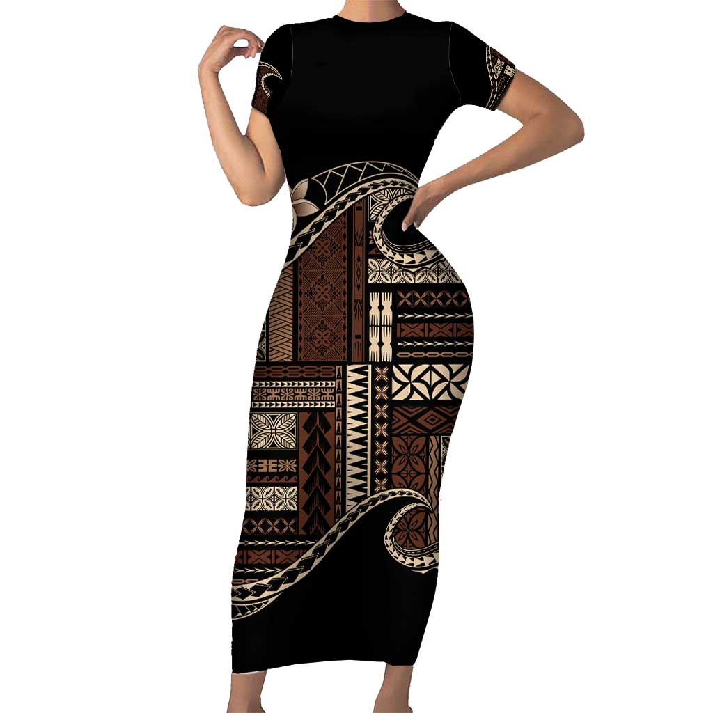 Samoa Siapo Mamanu Short Sleeve Bodycon Dress Waves Motifs LT7 Long Dress Black - Polynesian Pride