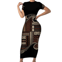 Samoa Siapo Mamanu Short Sleeve Bodycon Dress Waves Motifs LT7 Long Dress Black - Polynesian Pride