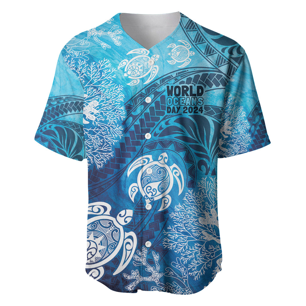 Hawaii World Ocean Day Baseball Jersey Kakau Turtles LT7 Blue - Polynesian Pride