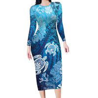 Hawaii World Ocean Day Long Sleeve Bodycon Dress Kakau Turtles LT7 Long Dress Blue - Polynesian Pride