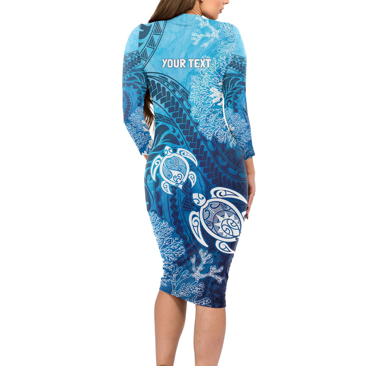 Hawaii World Ocean Day Long Sleeve Bodycon Dress Kakau Turtles LT7 - Polynesian Pride