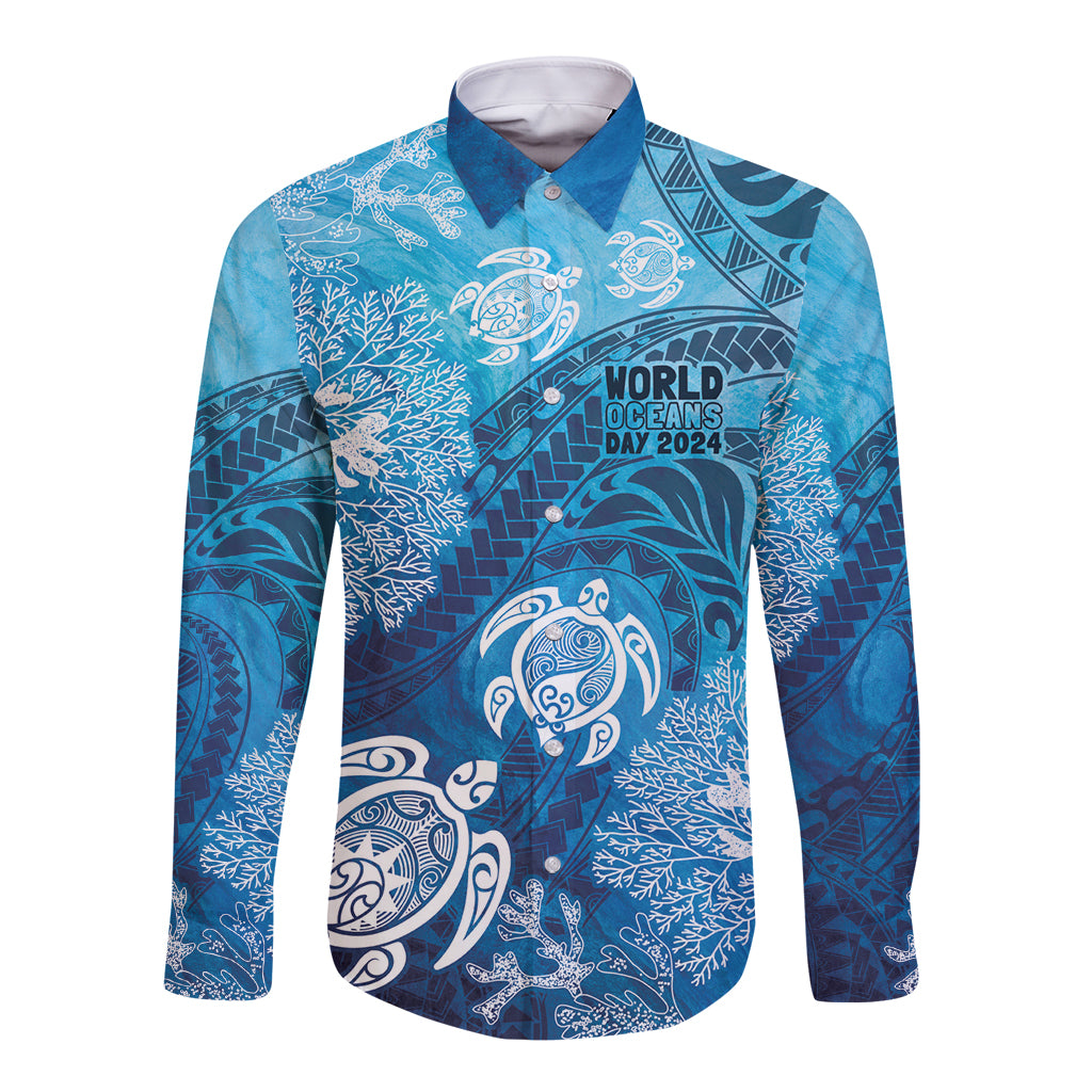 Hawaii World Ocean Day Long Sleeve Button Shirt Kakau Turtles LT7 Unisex Blue - Polynesian Pride