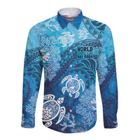 Hawaii World Ocean Day Long Sleeve Button Shirt Kakau Turtles LT7 Unisex Blue - Polynesian Pride