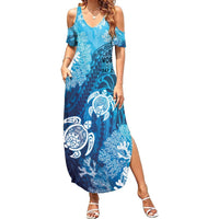 Hawaii World Ocean Day Summer Maxi Dress Kakau Turtles LT7 Women Blue - Polynesian Pride