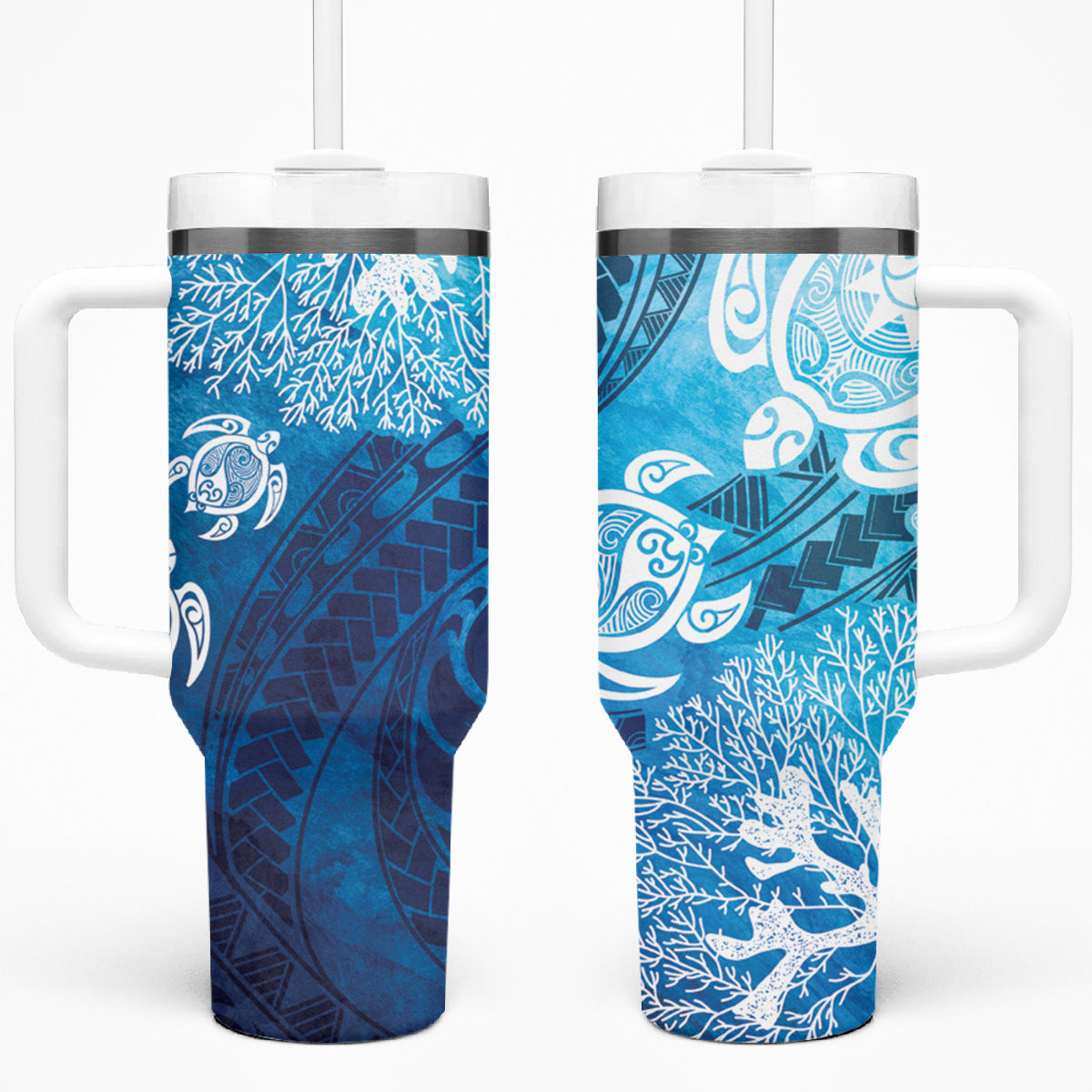 Hawaii World Ocean Day Tumbler With Handle Kakau Turtles LT7 One Size: 40 oz Blue - Polynesian Pride