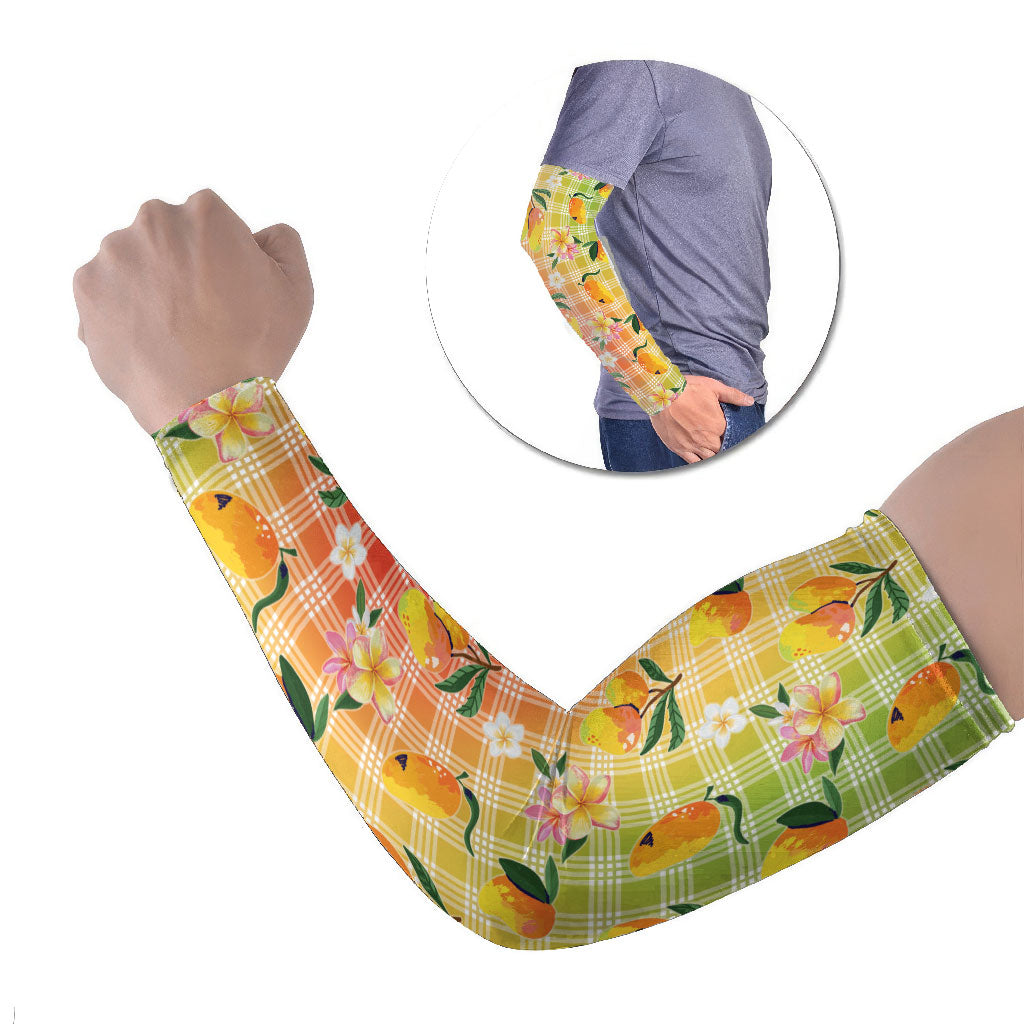 Aloha Hawaii Palaka Print Mango Plumeria Arm Sleeves Tropical Vibes LT7 Set of 2 Multicolor - Polynesian Pride