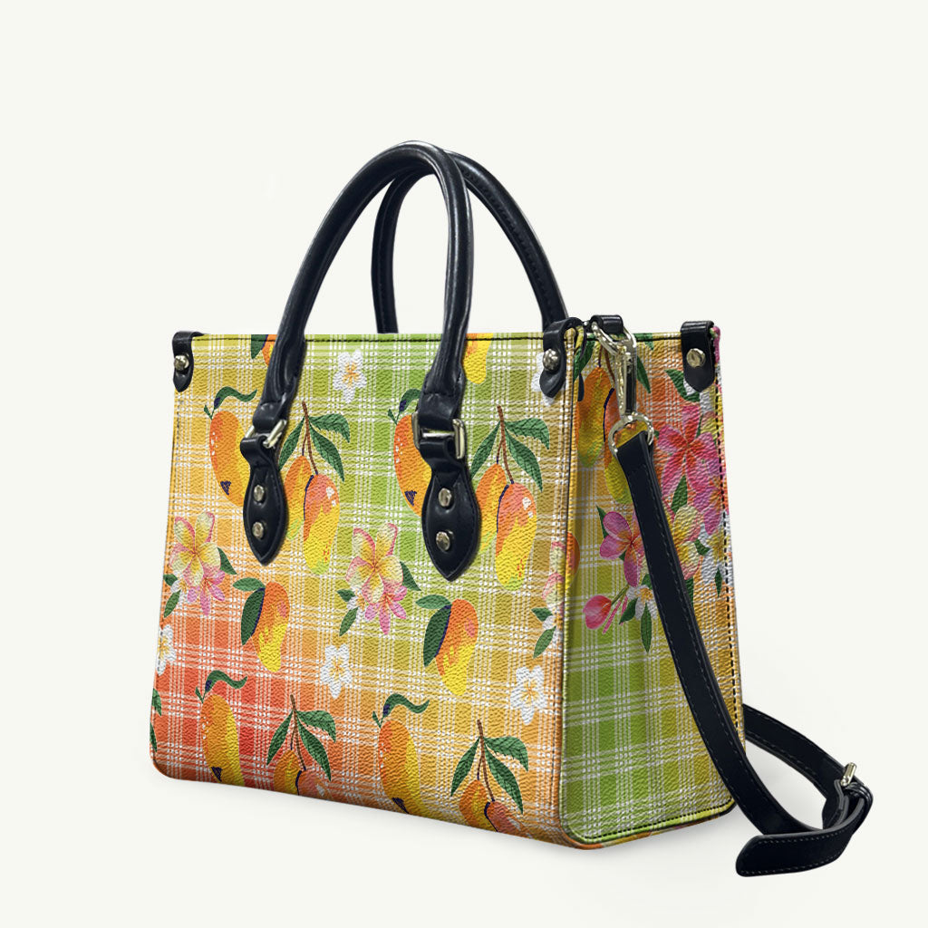 Aloha Hawaii Palaka Print Mango Plumeria Leather Bag Tropical Vibes LT7 Multicolor - Polynesian Pride