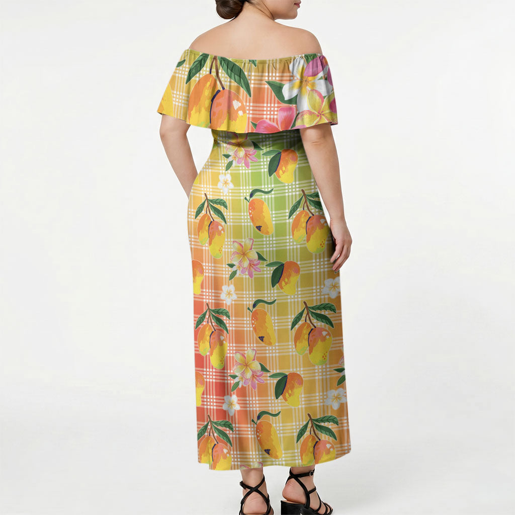 Aloha Hawaii Palaka Print Mango Plumeria Off Shoulder Maxi Dress Tropical Vibes LT7 - Polynesian Pride