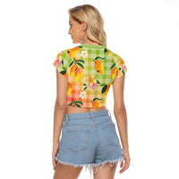 Aloha Hawaii Palaka Print Mango Plumeria Raglan Cropped T Shirt Tropical Vibes LT7 - Polynesian Pride