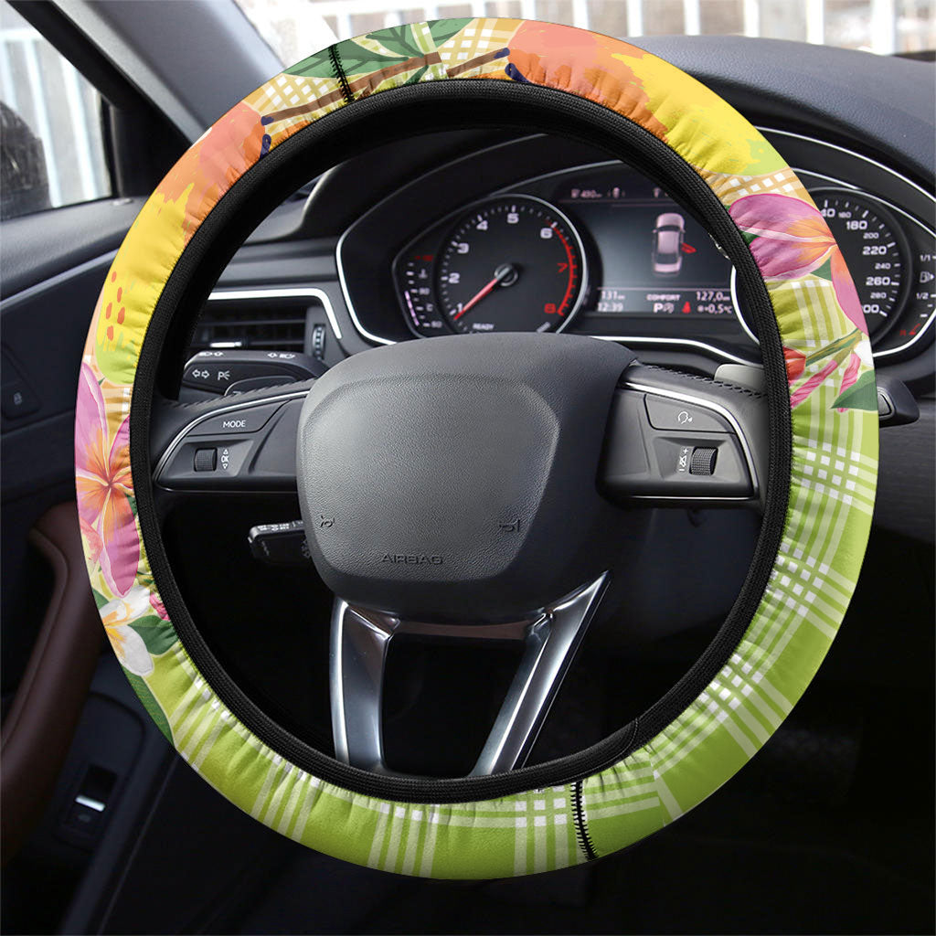 Aloha Hawaii Palaka Print Mango Plumeria Steering Wheel Cover Tropical Vibes LT7 - Polynesian Pride