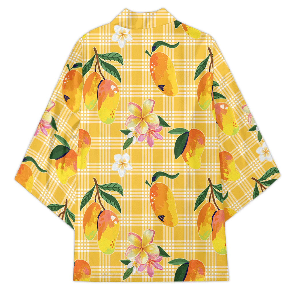 Aloha Hawaii Palaka Print Mango Plumeria Kimono Fresh Lemon LT7 - Polynesian Pride