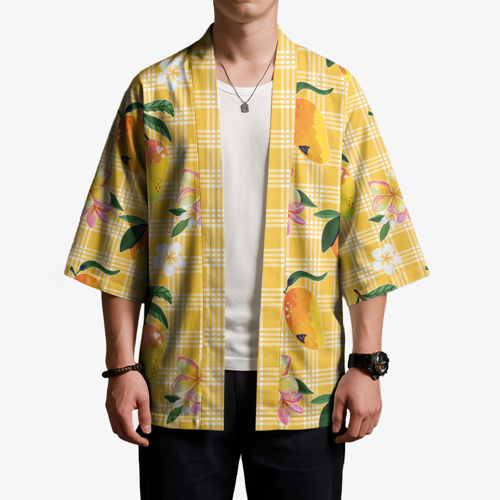 Aloha Hawaii Palaka Print Mango Plumeria Kimono Fresh Lemon LT7 - Polynesian Pride