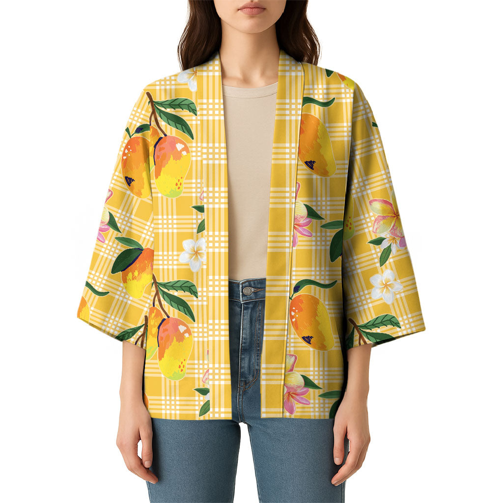 Aloha Hawaii Palaka Print Mango Plumeria Kimono Fresh Lemon LT7 - Polynesian Pride