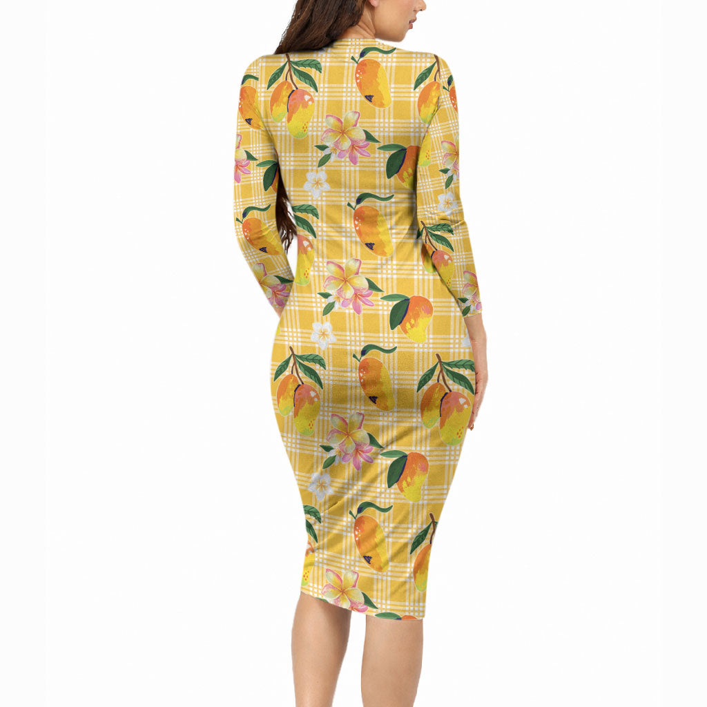 Aloha Hawaii Palaka Print Mango Plumeria Long Sleeve Bodycon Dress Fresh Lemon LT7 - Polynesian Pride