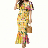 Aloha Hawaii Palaka Print Mango Plumeria Mermaid Dress Fresh Lemon LT7 Women Yellow - Polynesian Pride