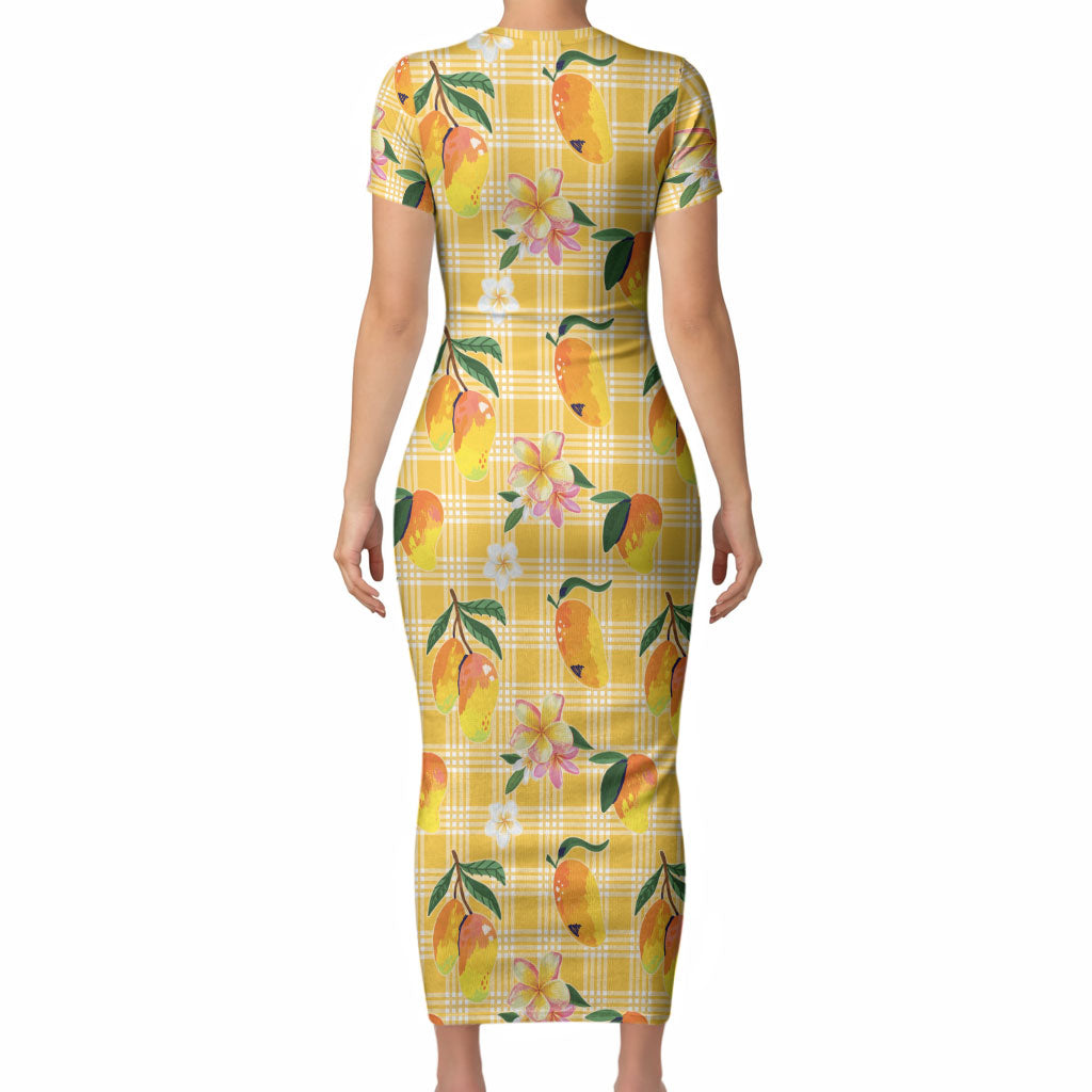 Aloha Hawaii Palaka Print Mango Plumeria Short Sleeve Bodycon Dress Fresh Lemon LT7 - Polynesian Pride