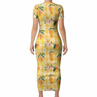 Aloha Hawaii Palaka Print Mango Plumeria Short Sleeve Bodycon Dress Fresh Lemon LT7 - Polynesian Pride