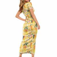 Aloha Hawaii Palaka Print Mango Plumeria Short Sleeve Bodycon Dress Fresh Lemon LT7 - Polynesian Pride