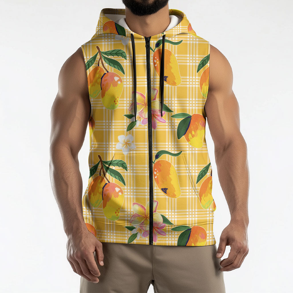 Aloha Hawaii Palaka Print Mango Plumeria Sleeveless Zip Hoodie Fresh Lemon LT7 - Polynesian Pride