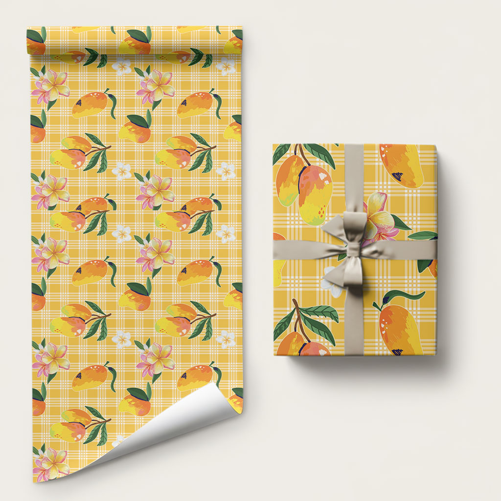 Aloha Hawaii Palaka Print Mango Plumeria Wrapping Paper Fresh Lemon LT7 58" × 23" Yellow - Polynesian Pride