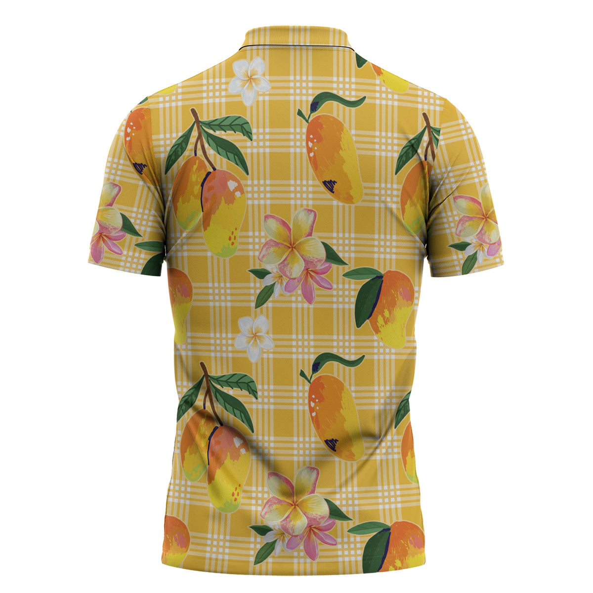 Aloha Hawaii Palaka Print Mango Plumeria Zipper Polo Shirt Fresh Lemon LT7 - Polynesian Pride
