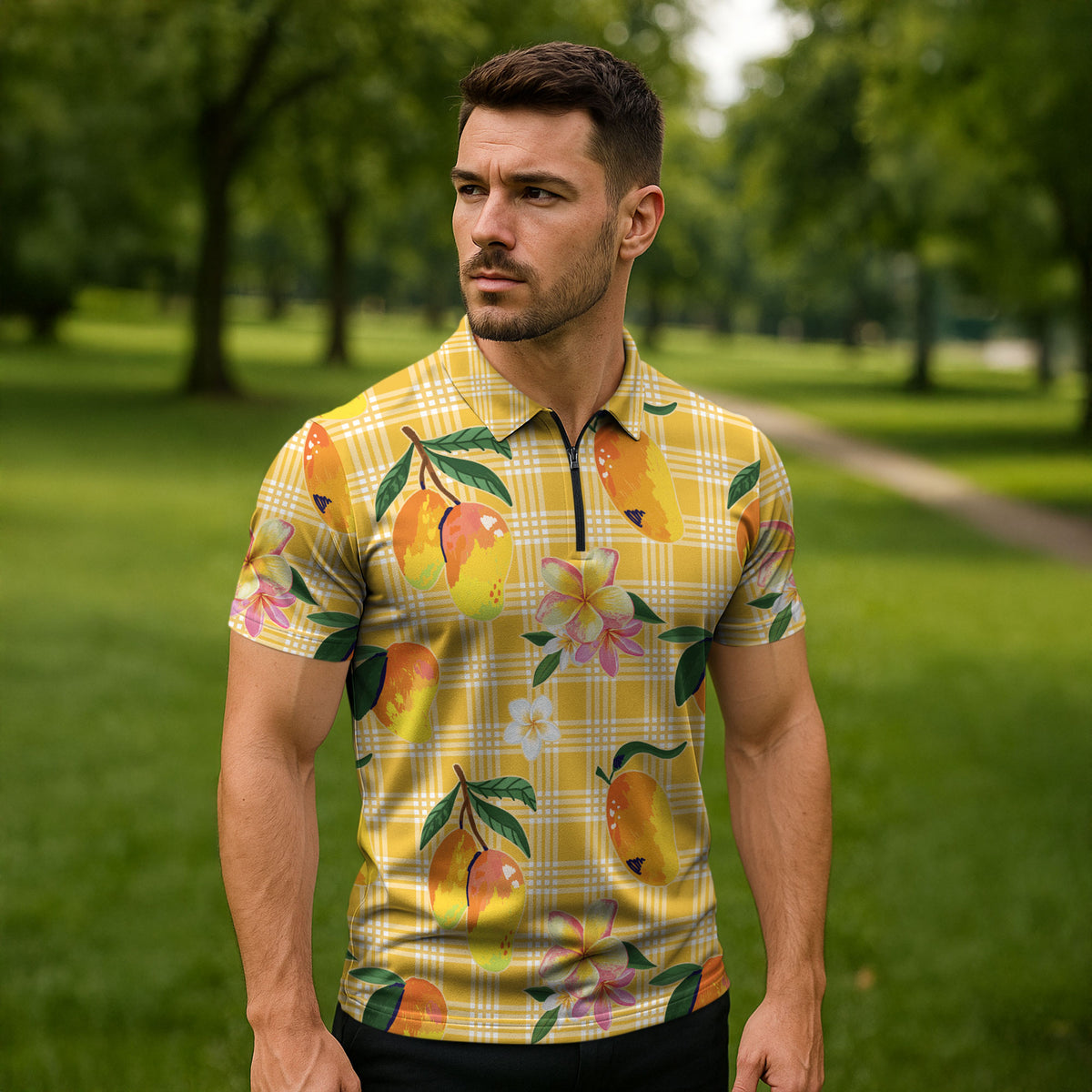 Aloha Hawaii Palaka Print Mango Plumeria Zipper Polo Shirt Fresh Lemon LT7 - Polynesian Pride