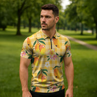 Aloha Hawaii Palaka Print Mango Plumeria Zipper Polo Shirt Fresh Lemon LT7 - Polynesian Pride
