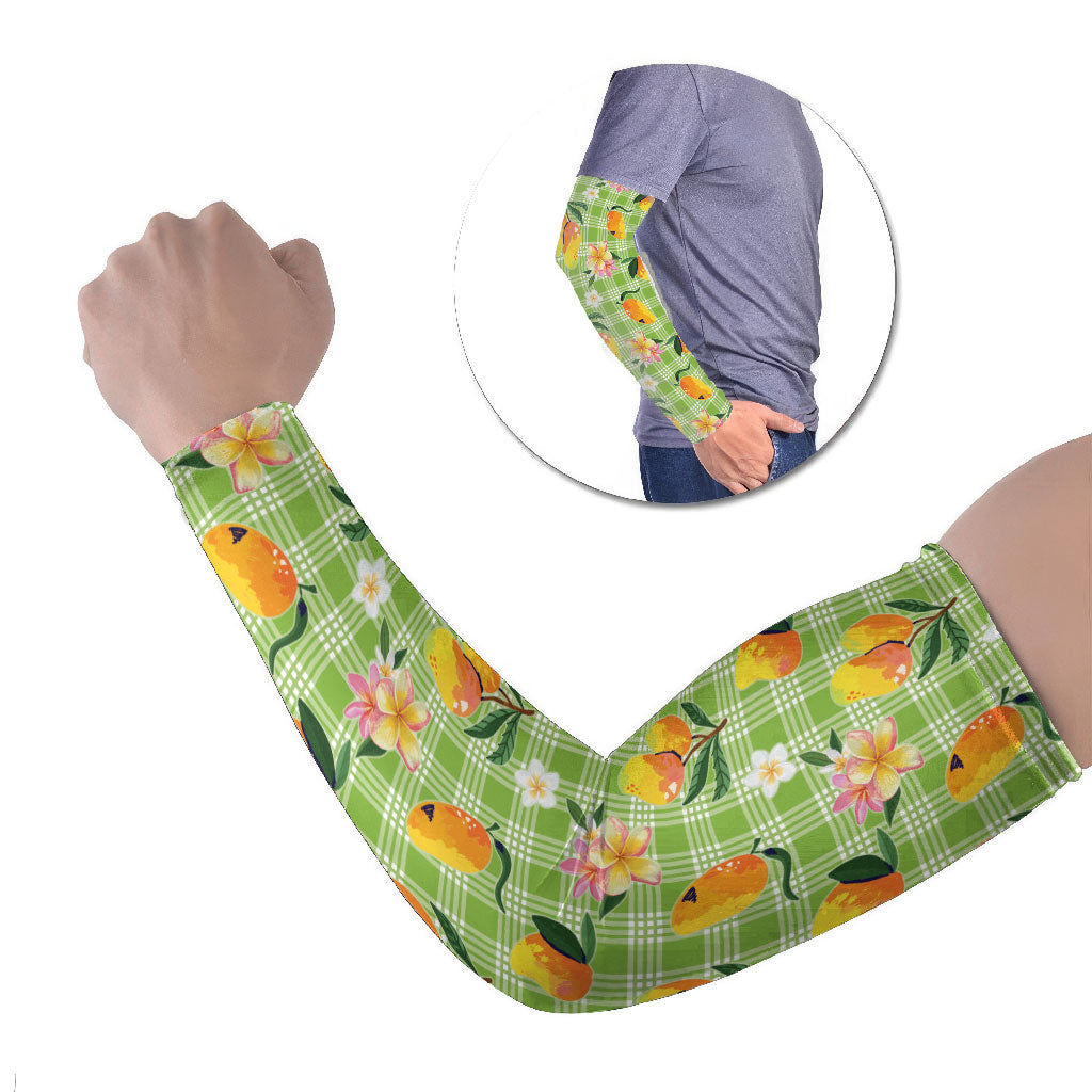Aloha Hawaii Palaka Print Mango Plumeria Arm Sleeves Cool Mint LT7 Set of 2 Mint - Polynesian Pride