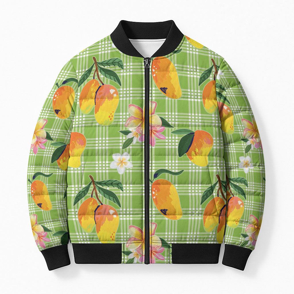 Aloha Hawaii Palaka Print Mango Plumeria Bomber Puffer Jacket Cool Mint LT7 Unisex Mint - Polynesian Pride