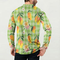 Aloha Hawaii Palaka Print Mango Plumeria Button Sweatshirt Cool Mint LT7 - Polynesian Pride