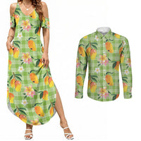 Aloha Hawaii Palaka Print Mango Plumeria Couples Matching Summer Maxi Dress and Long Sleeve Button Shirt Cool Mint LT7 Mint - Polynesian Pride