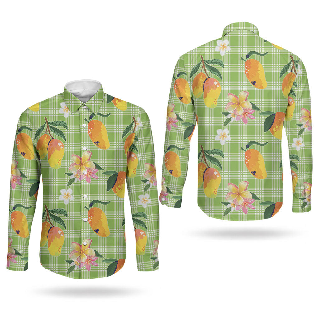 Aloha Hawaii Palaka Print Mango Plumeria Couples Matching Summer Maxi Dress and Long Sleeve Button Shirt Cool Mint LT7 - Polynesian Pride