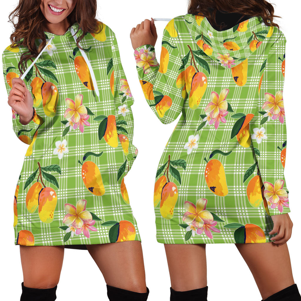 Aloha Hawaii Palaka Print Mango Plumeria Hoodie Dress Cool Mint LT7 - Polynesian Pride