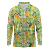 Aloha Hawaii Palaka Print Mango Plumeria Long Sleeve Polo Shirt Cool Mint LT7 Mint - Polynesian Pride