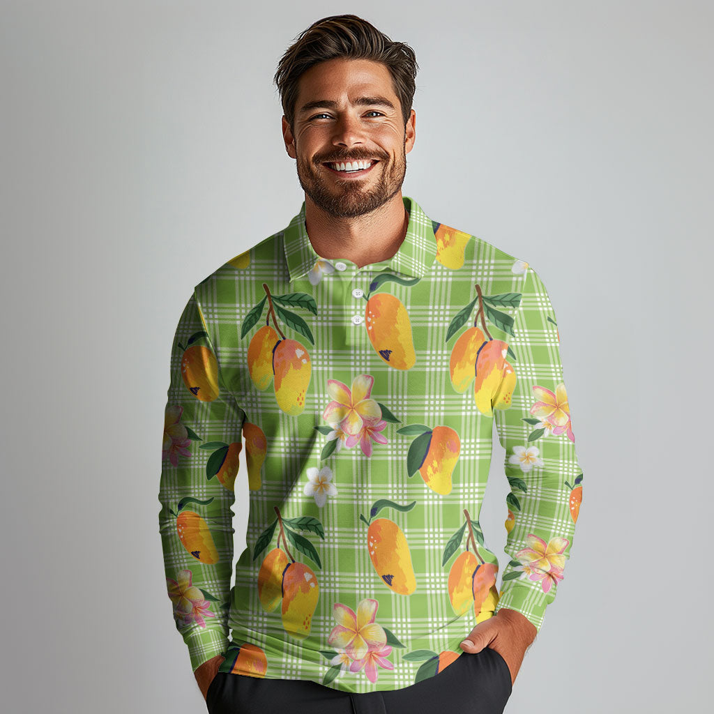 Aloha Hawaii Palaka Print Mango Plumeria Long Sleeve Polo Shirt Cool Mint LT7 - Polynesian Pride