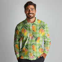 Aloha Hawaii Palaka Print Mango Plumeria Long Sleeve Polo Shirt Cool Mint LT7 - Polynesian Pride