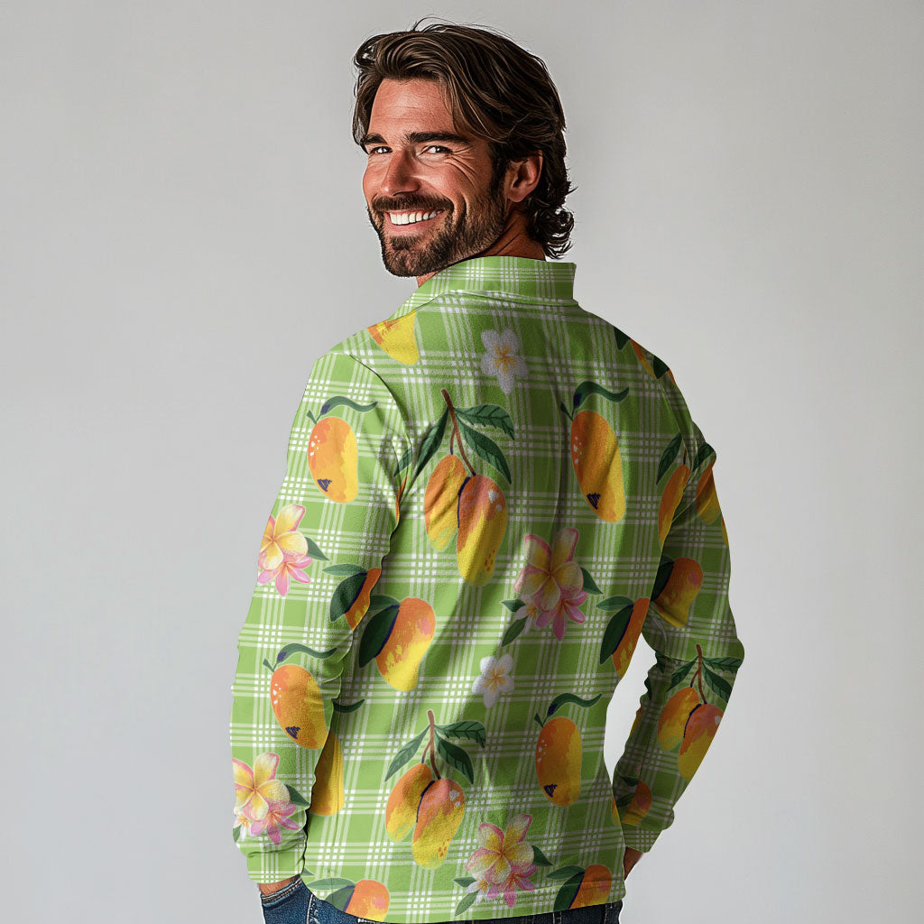 Aloha Hawaii Palaka Print Mango Plumeria Long Sleeve Polo Shirt Cool Mint LT7 - Polynesian Pride