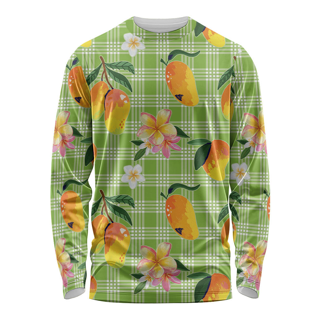Aloha Hawaii Palaka Print Mango Plumeria Long Sleeve Shirt Cool Mint LT7 Unisex Mint - Polynesian Pride