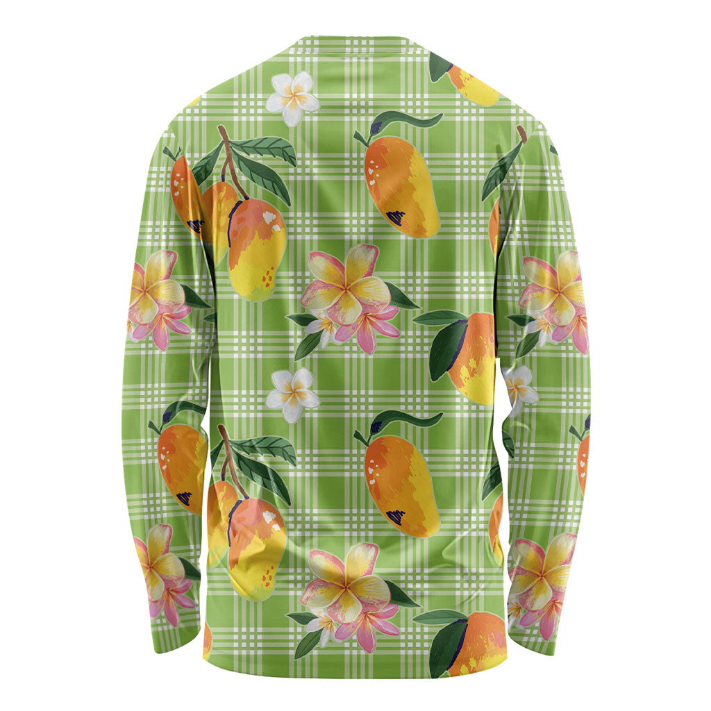 Aloha Hawaii Palaka Print Mango Plumeria Long Sleeve Shirt Cool Mint LT7 - Polynesian Pride