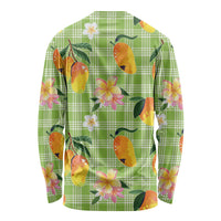 Aloha Hawaii Palaka Print Mango Plumeria Long Sleeve Shirt Cool Mint LT7 - Polynesian Pride