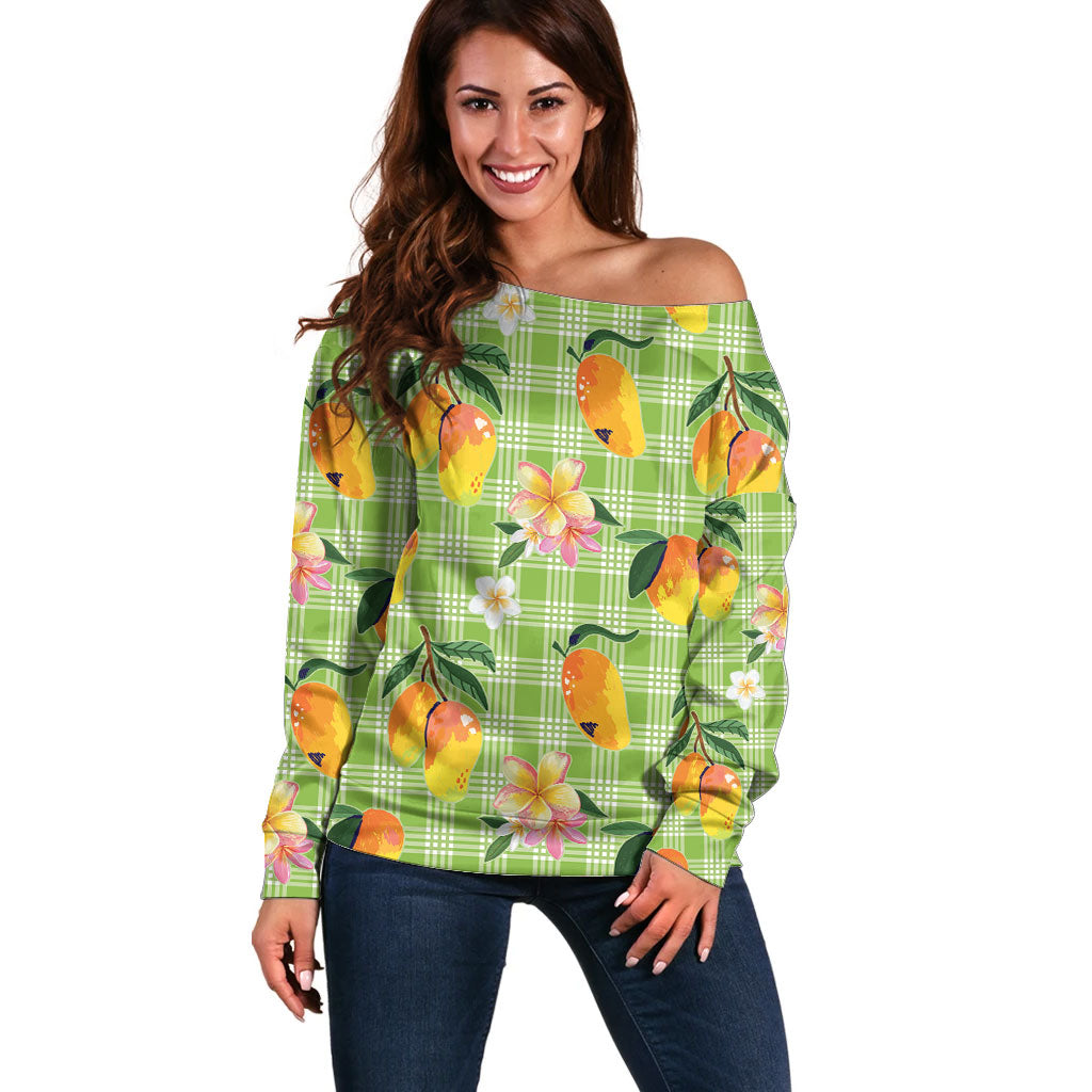Aloha Hawaii Palaka Print Mango Plumeria Off Shoulder Sweater Cool Mint LT7 Women Mint - Polynesian Pride
